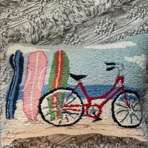 Colorful Beach Scene Wool Hooked Pillow